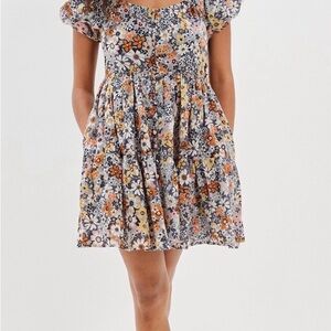 American Eagle Outfitters Floral Mini Dress in Orange, Yellow & Gray